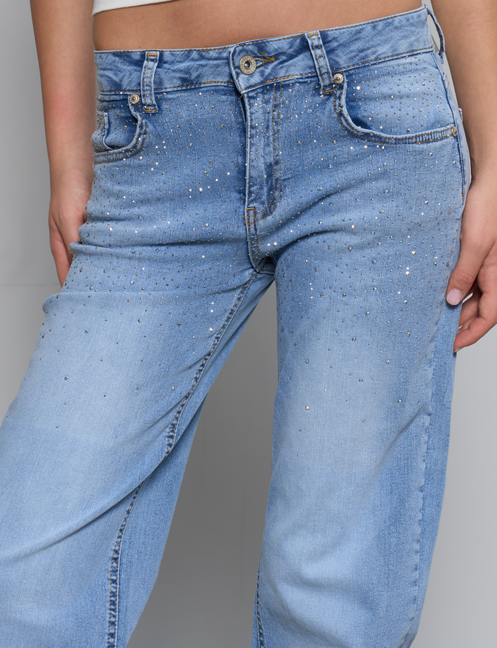 Jeans straight chiari con strass dettaglio