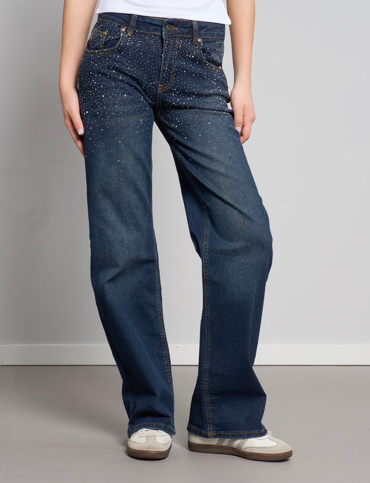 Jeans straight con strass frontale