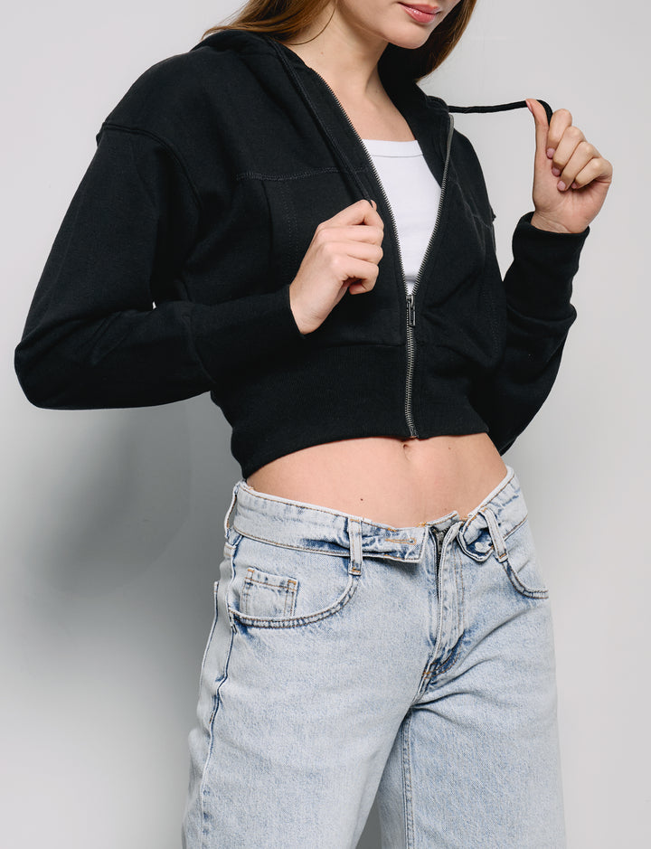 Felpa nera crop con zip