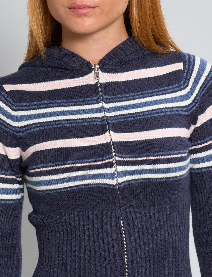 Maglia blu a righe con cappuccio e zip dettaglio
