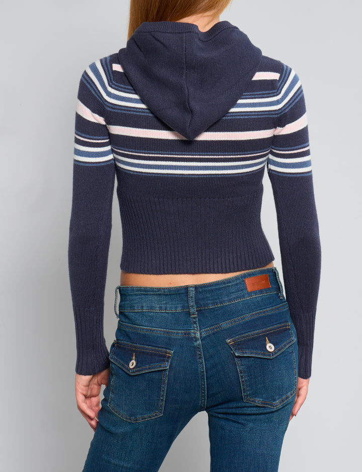 Maglia blu a righe con cappuccio e zip retro