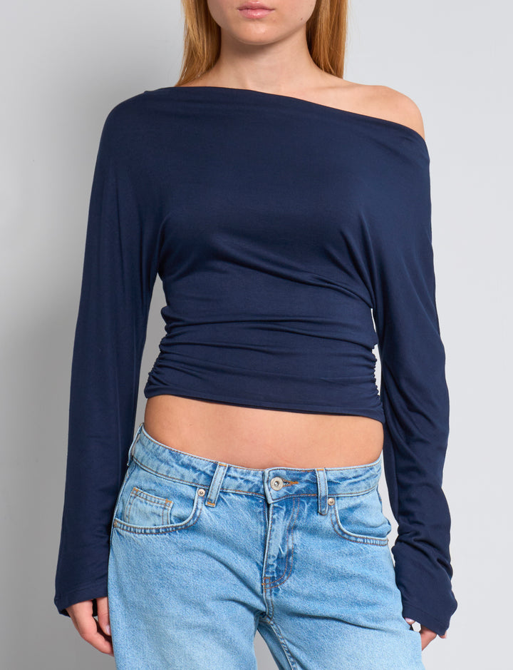 Maglia blu navy a maniche lunghe con scollo asimmetrico frontale