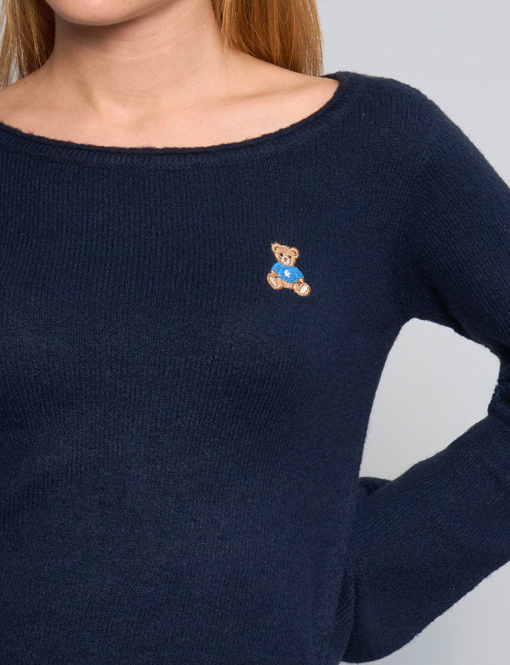 Maglia crop blu navy a maniche lunghe con ricamo orsetto dettaglio