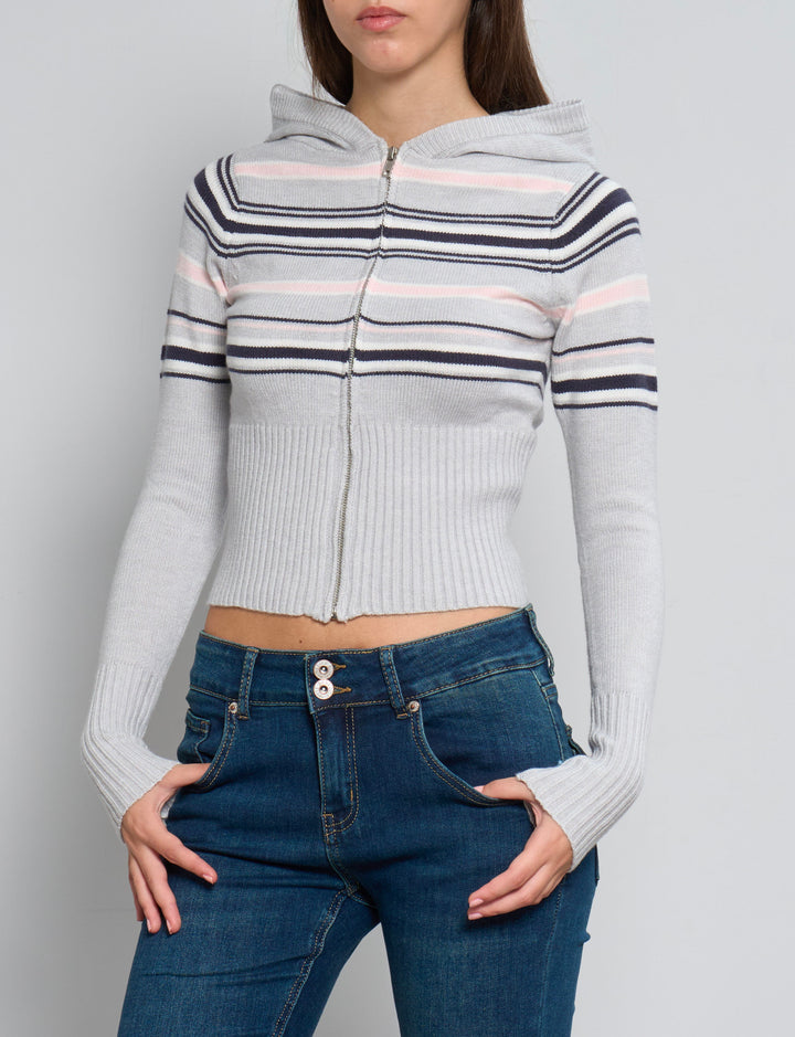 Maglia grigia a righe con cappuccio e zip frontale