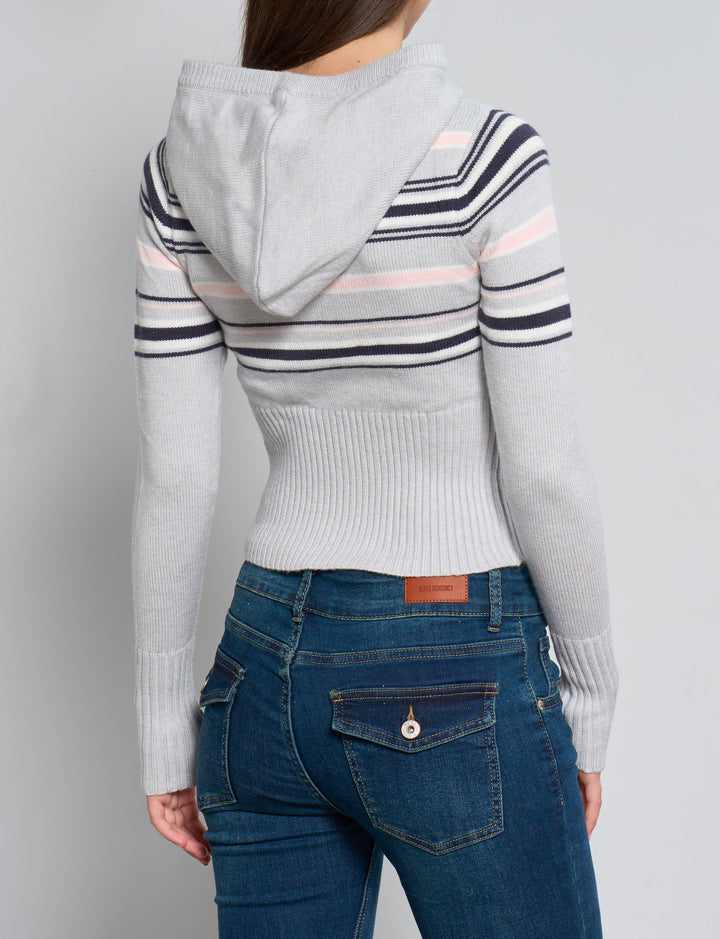 Maglia grigia a righe con cappuccio e zip retro