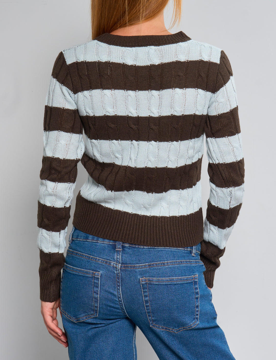 Maglione a trecce a righe marroni e azzurre retro