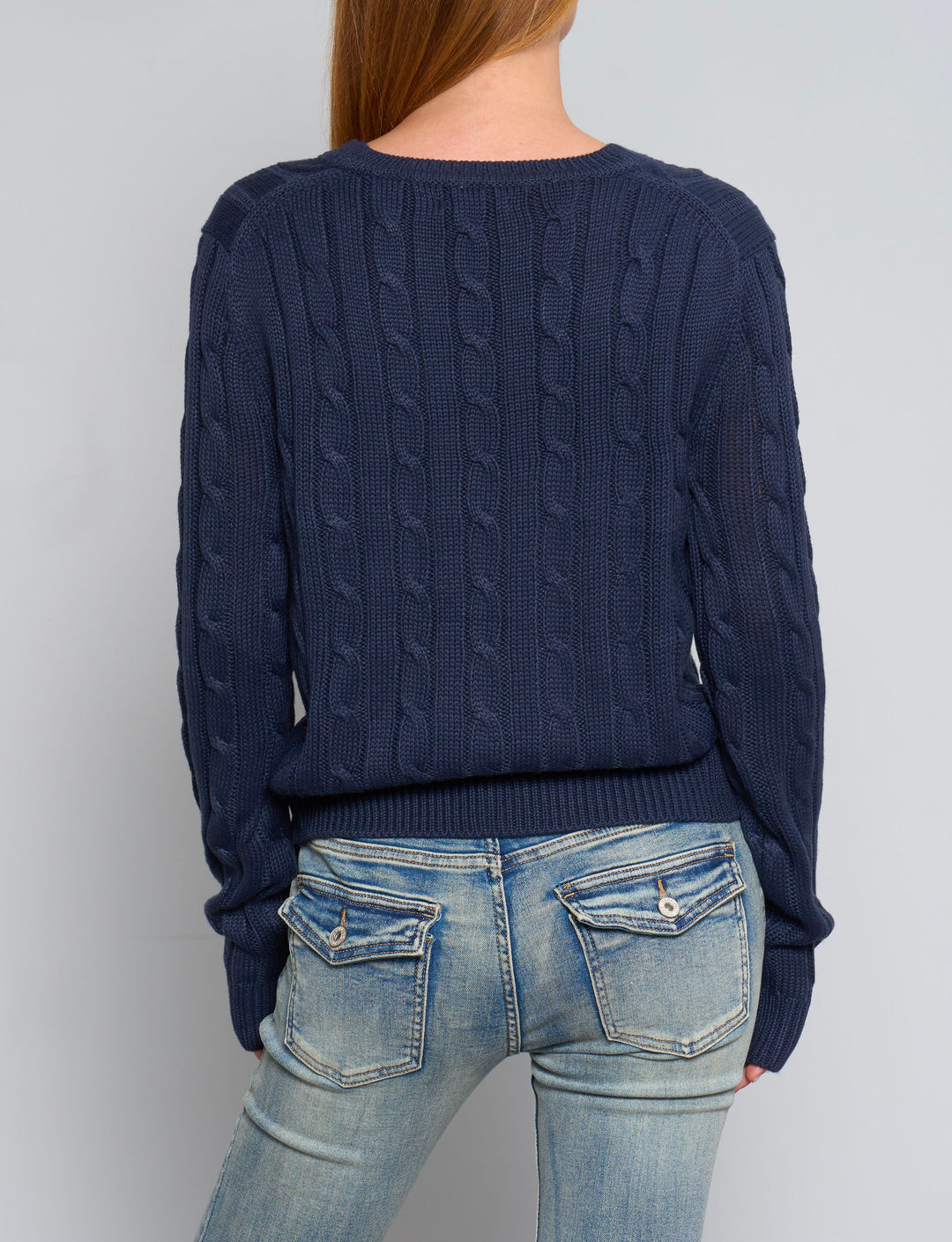 Maglione a trecce blu navy con ricamo bandiera USA retro