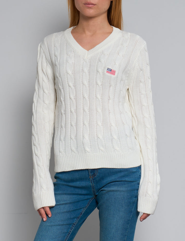 Maglione a trecce panna con ricamo bandiera USA frontale