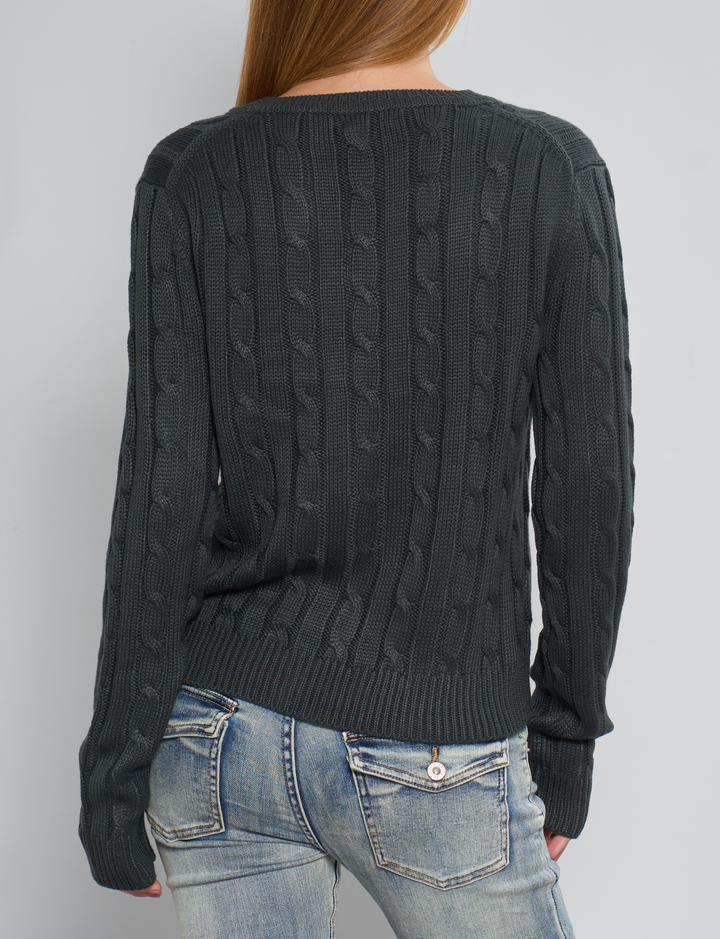 Maglione a trecce verde scuro con ricamo bandiera USA retro
