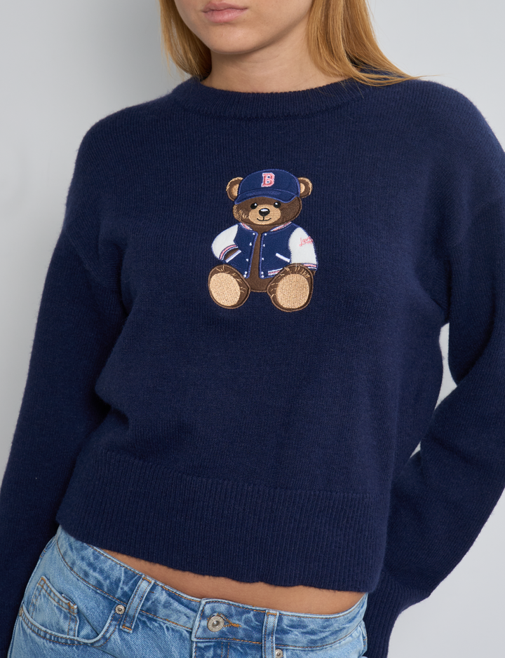 Maglione blu navy con ricamo orsetto frontale dettaglio