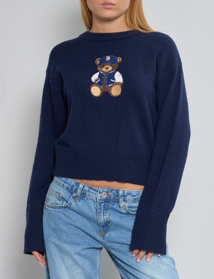 Maglione blu navy con ricamo orsetto frontale frontale