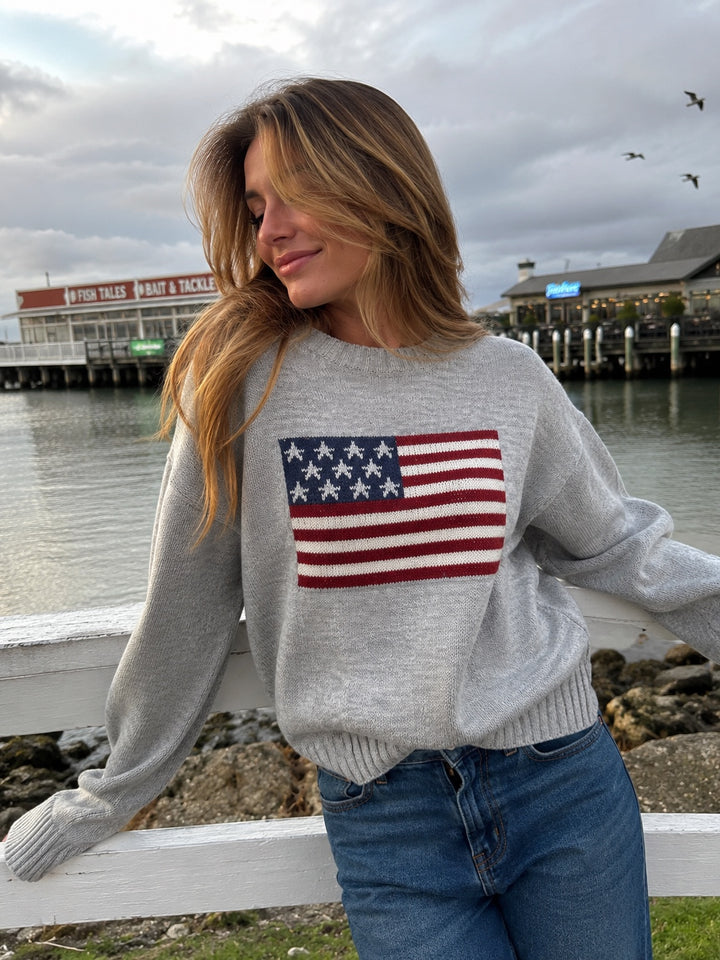 Maglione grigio con bandiera americana copertina