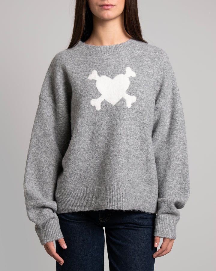Maglione grigio con cuore teschio frontale