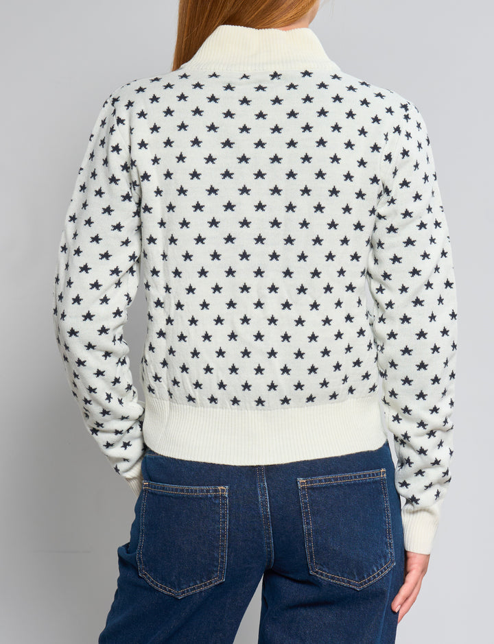 Maglione panna a collo alto con zip con motivo a stelle blu retro