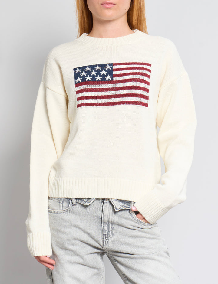 Maglione panna con bandiera americana frontale