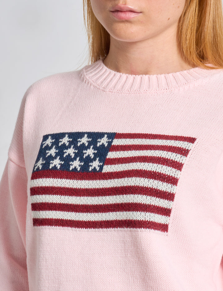 Maglione rosa con bandiera americana dettaglio