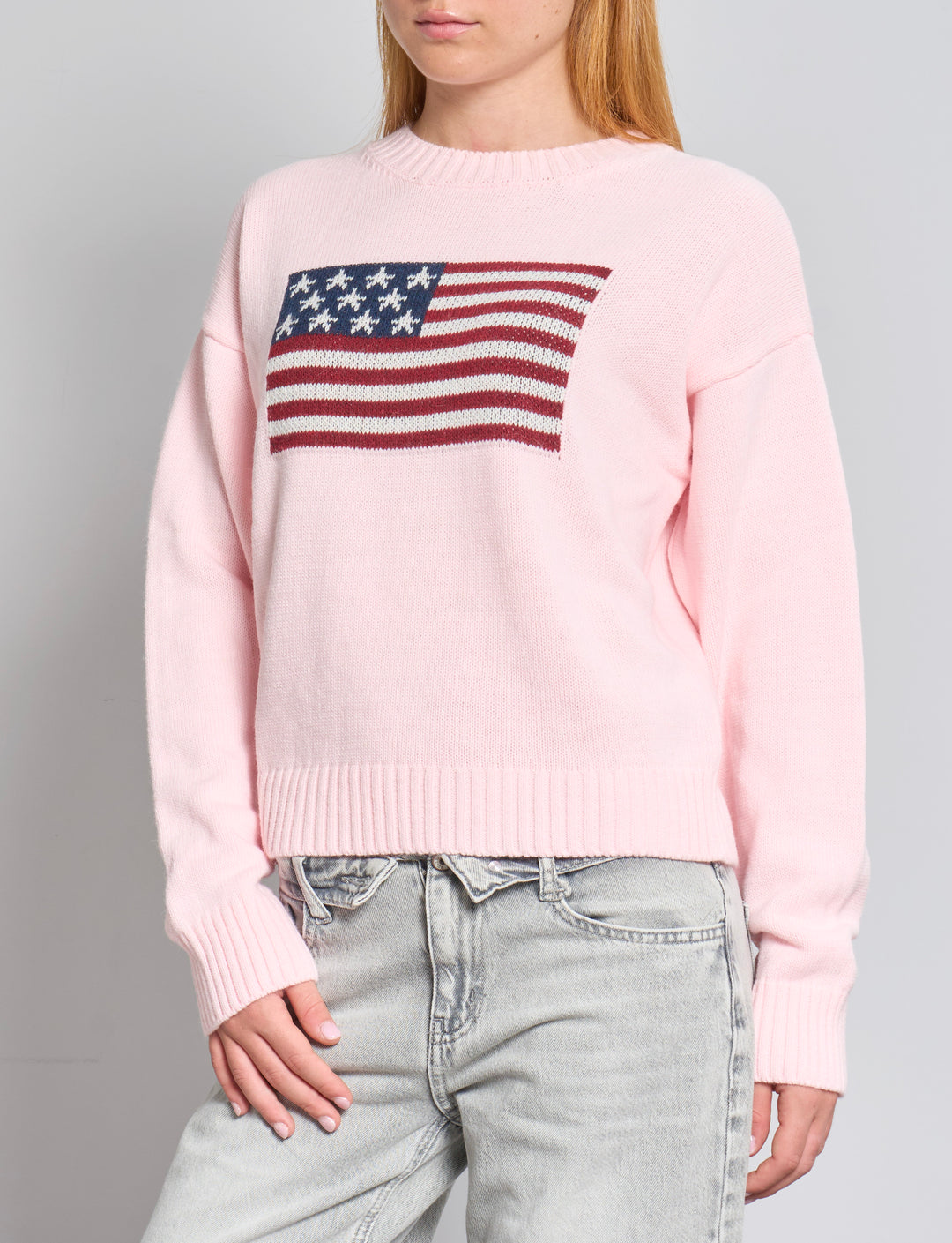 Maglione rosa con bandiera americana frontale