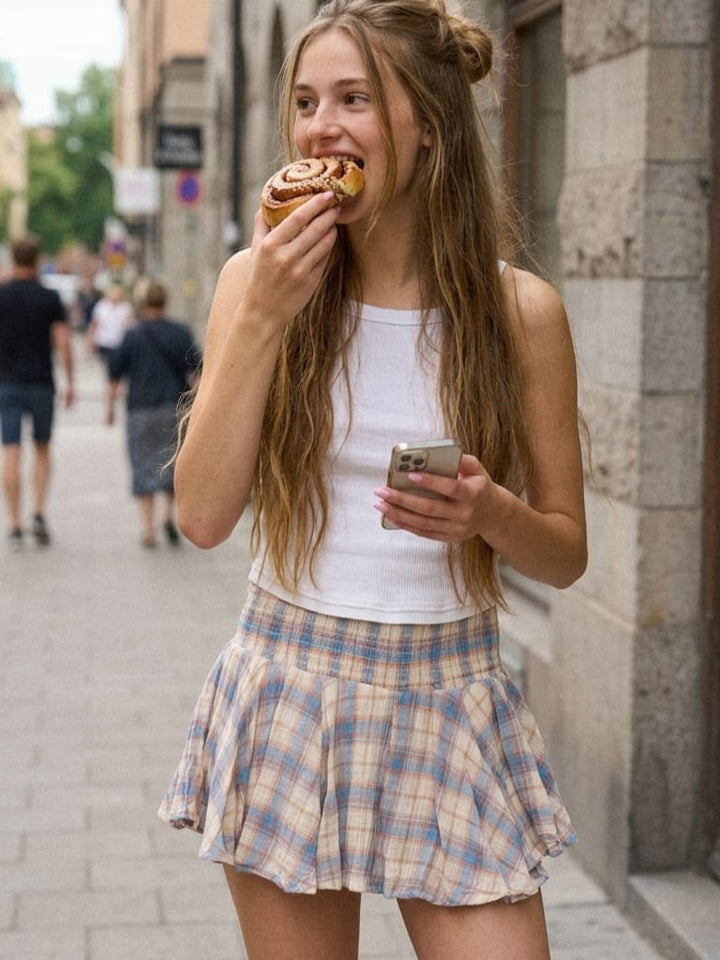 Skort a quadri con arricciatura