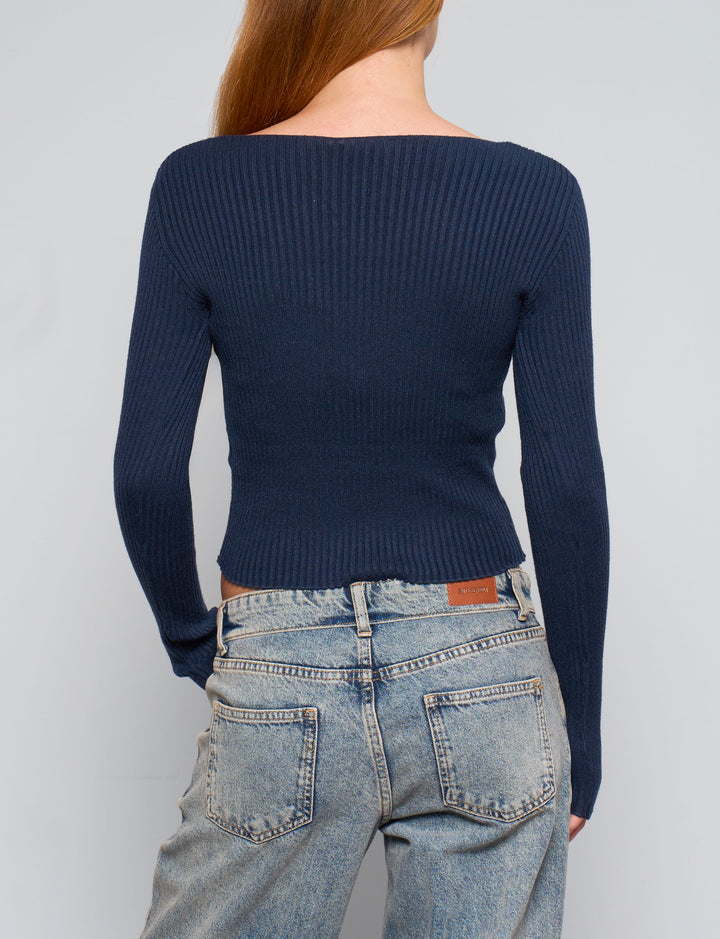 PANCHINA-NEW262- Top corto blu navy a manica lunga a costine retro