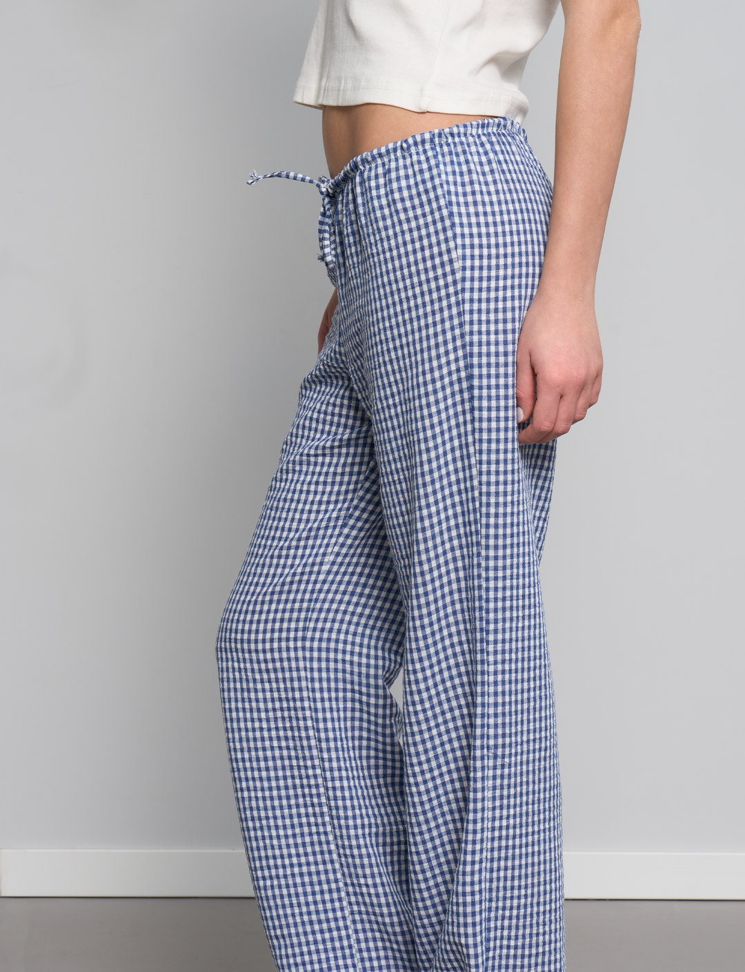 Pantalone a quadretti blu laterale