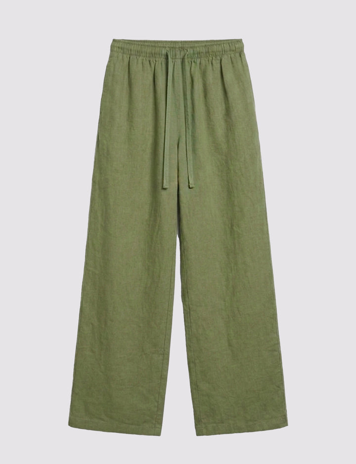 Pantalone in lino verde salvia a gamba ampia still life