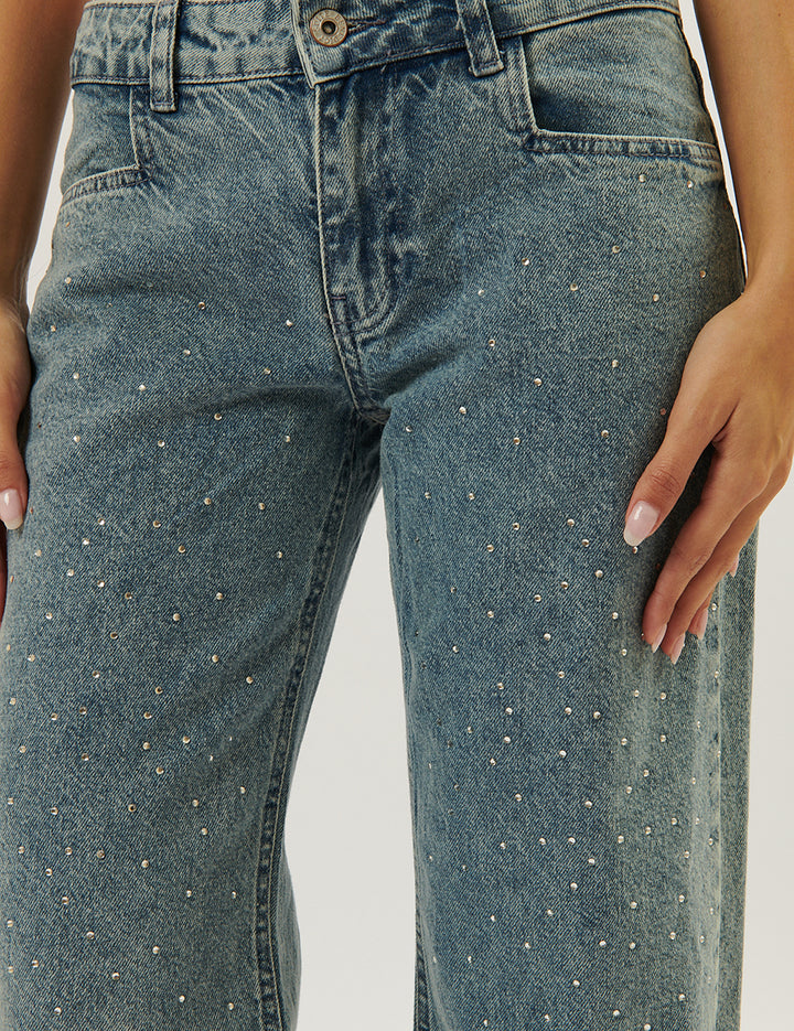 Jeans wide con strass