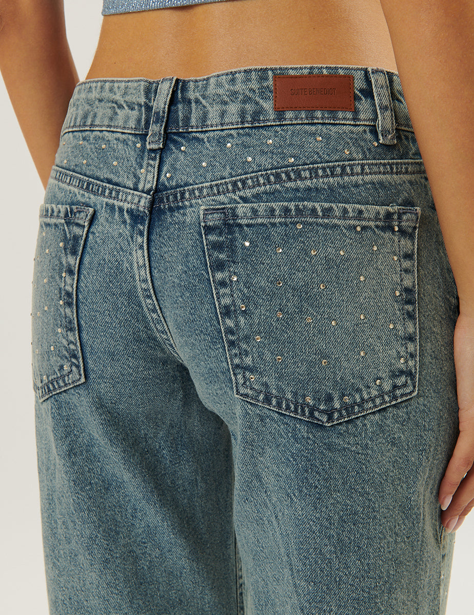 Jeans wide con strass