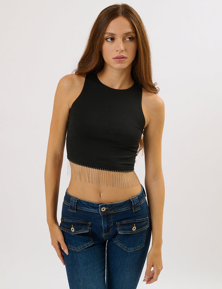 Top in jersey con scollo halter e frange