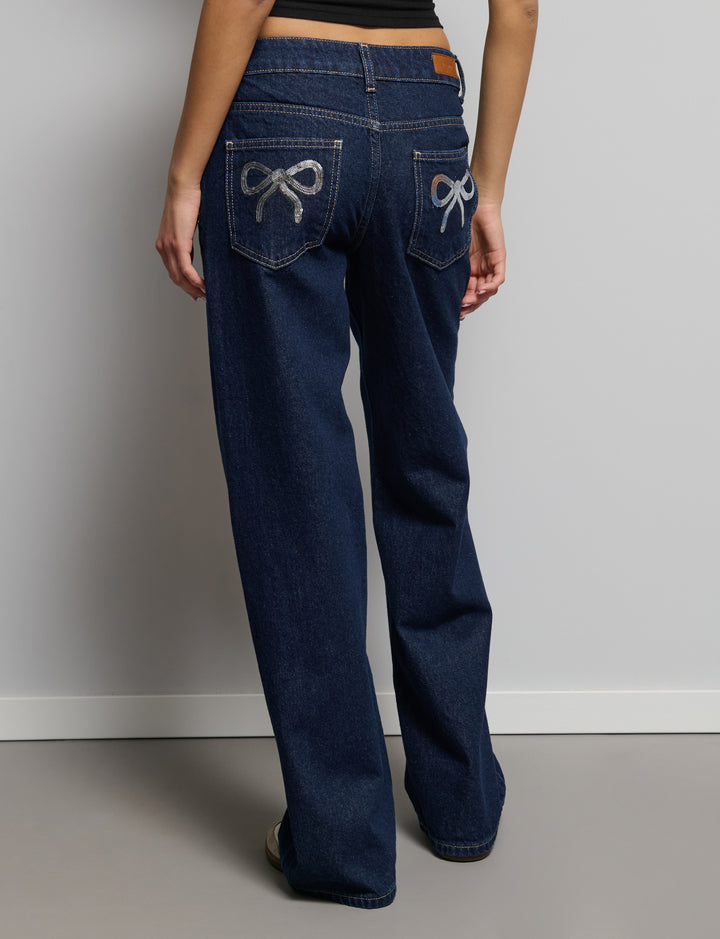 Jeans dritto fiocchi paillettes