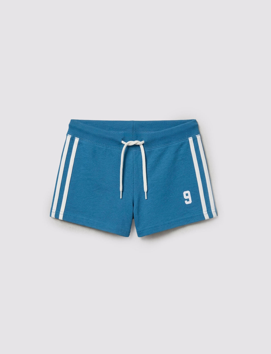 Short azzurro in jersey con righe laterali e stampa 9 still life