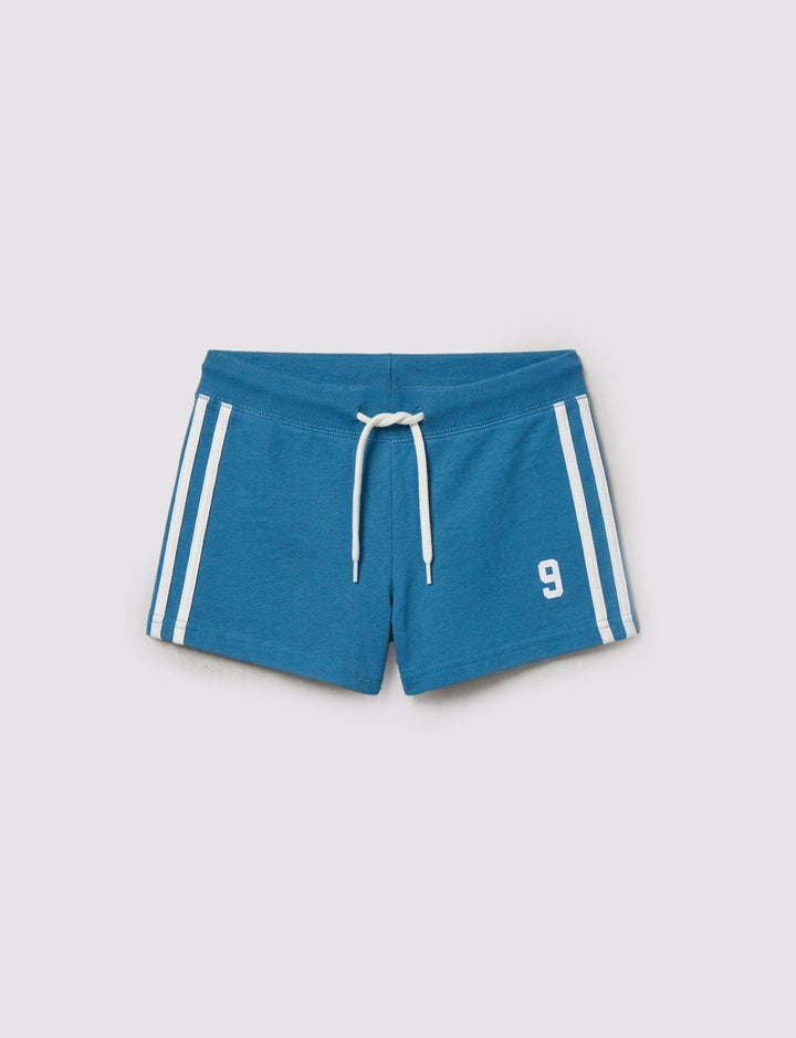 Short azzurro in jersey con righe laterali e stampa 9 still life