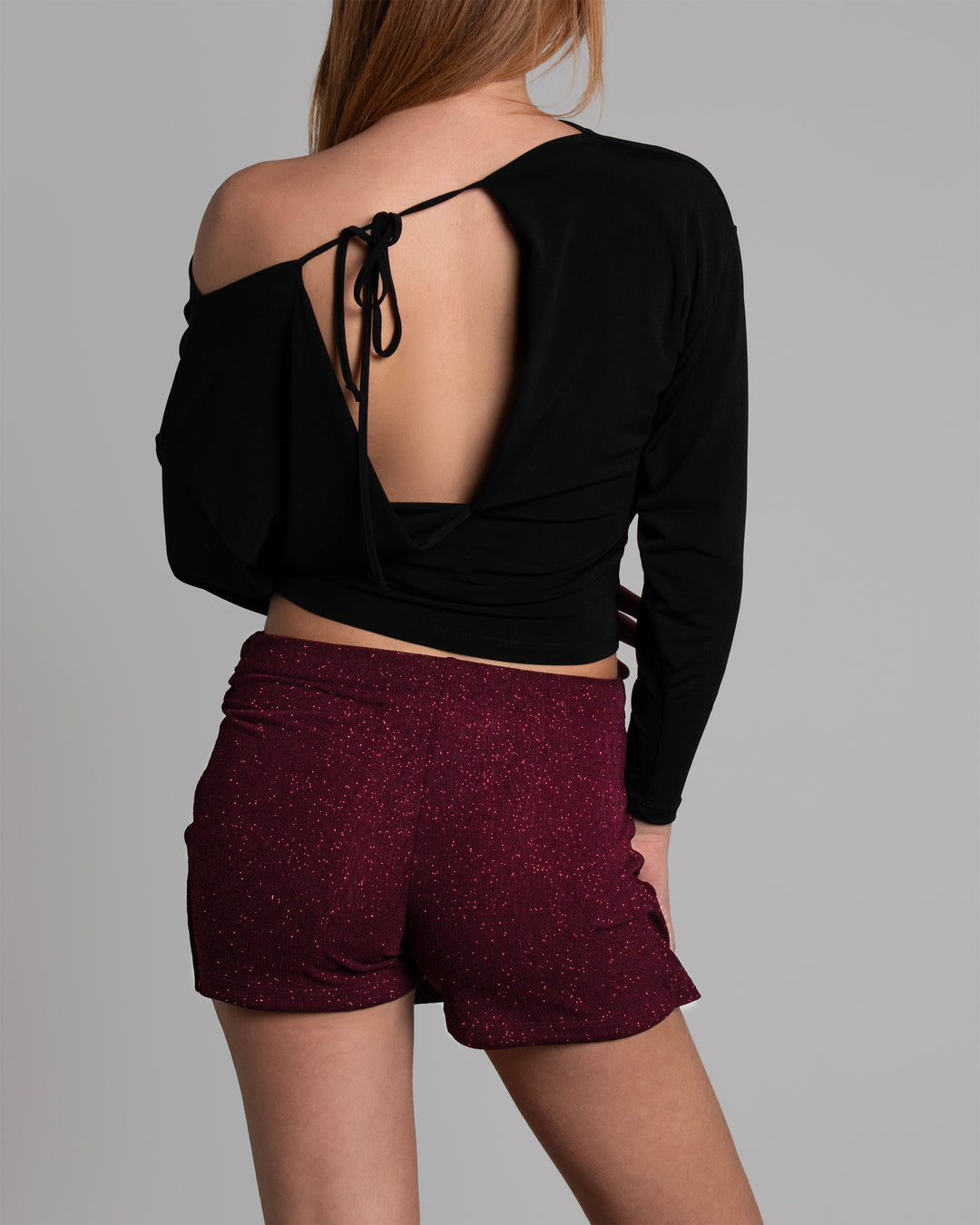 Skort bordeaux in lurex con drappeggio frontale retro