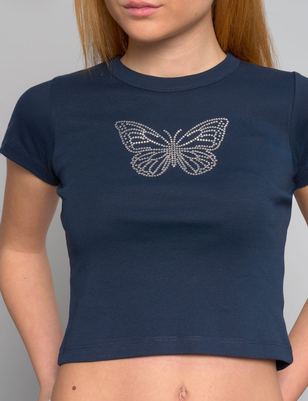 Suite Benedict - T-shirt blu navy con farfalla in strass dettaglio farfalla