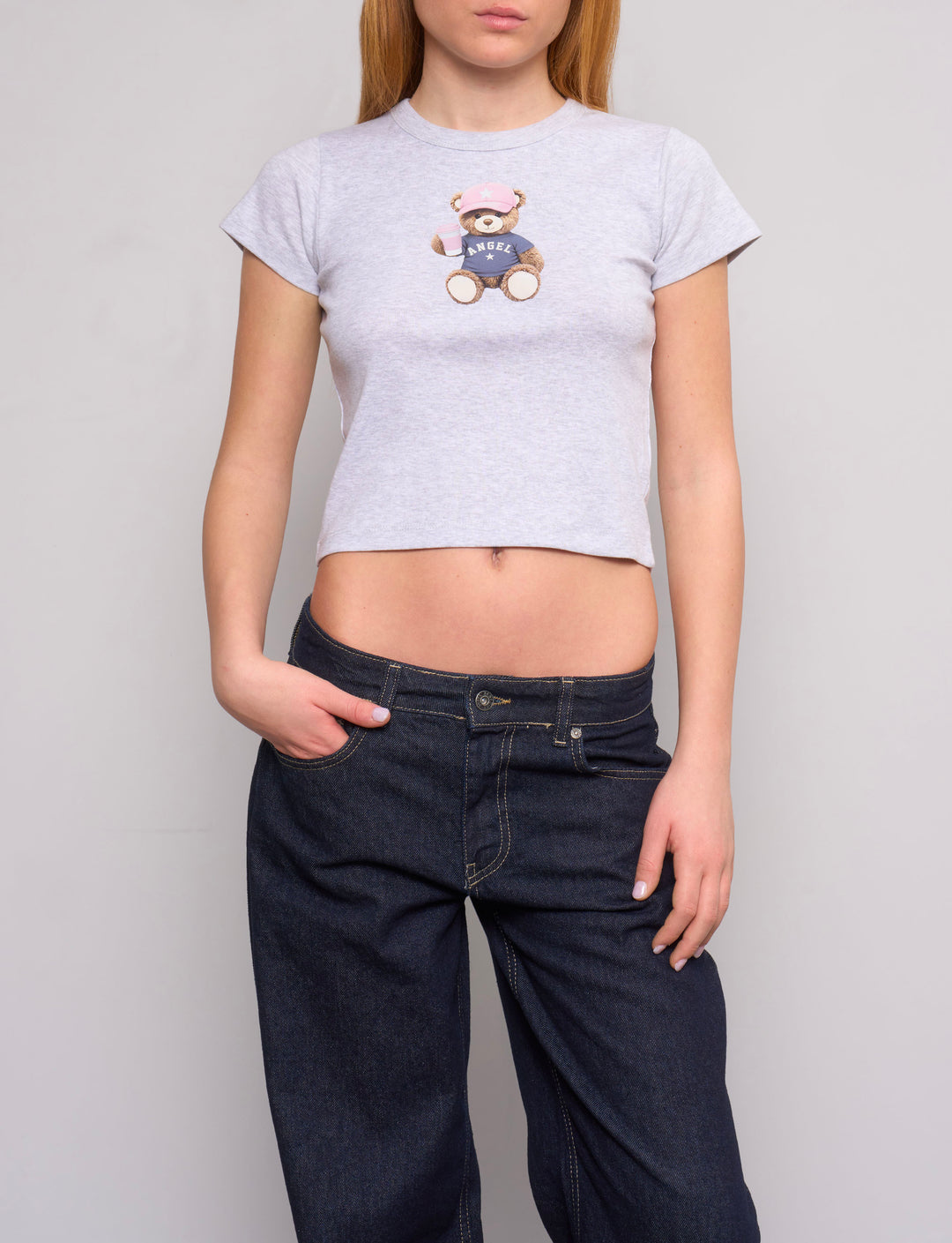 T-shirt grigia con stampa orsetto