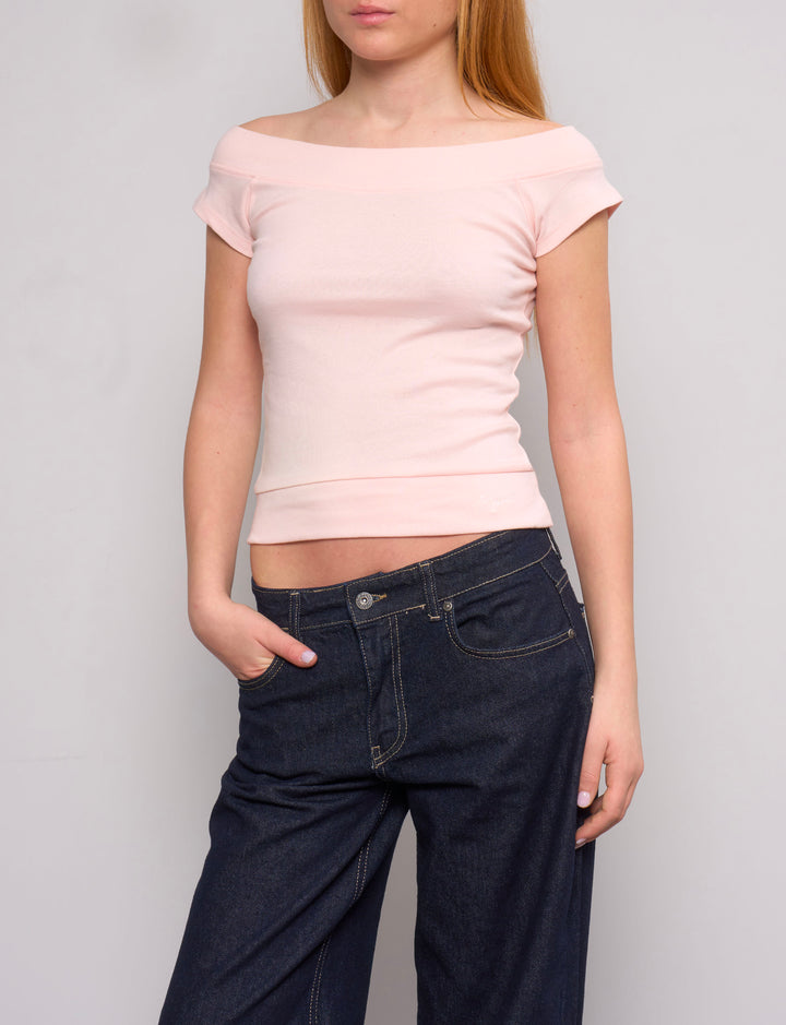 T-shirt rosa con scollo a barca e scritta "Angel" -  TOP  