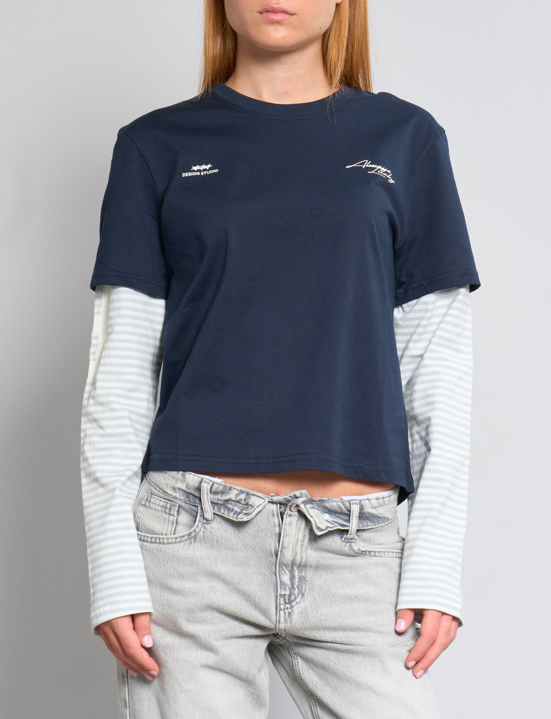 T-shirt a manica lunga blu notte a doppio strato frontale
