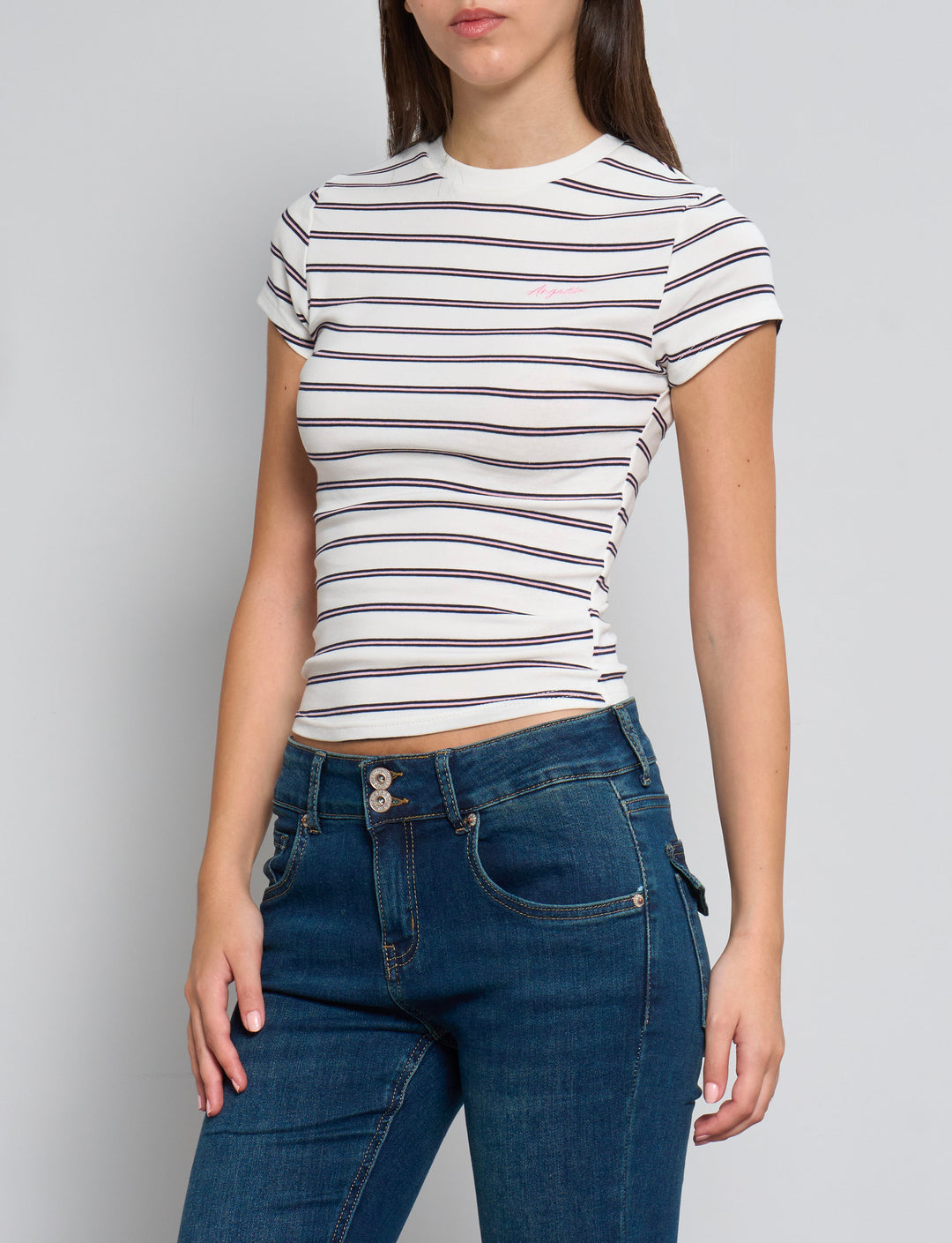 T-shirt a righe con ricamo "Angelic" frontale