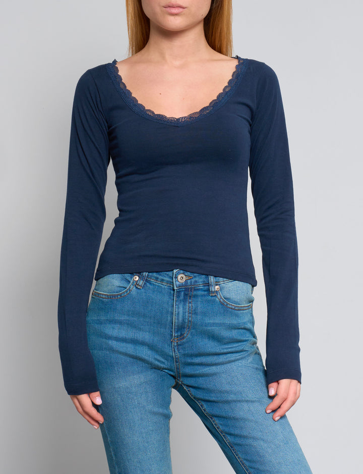 T-shirt blu navy a manica lunga con scollo in pizzo frontale