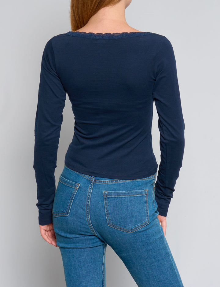 T-shirt blu navy a manica lunga con scollo in pizzo retro