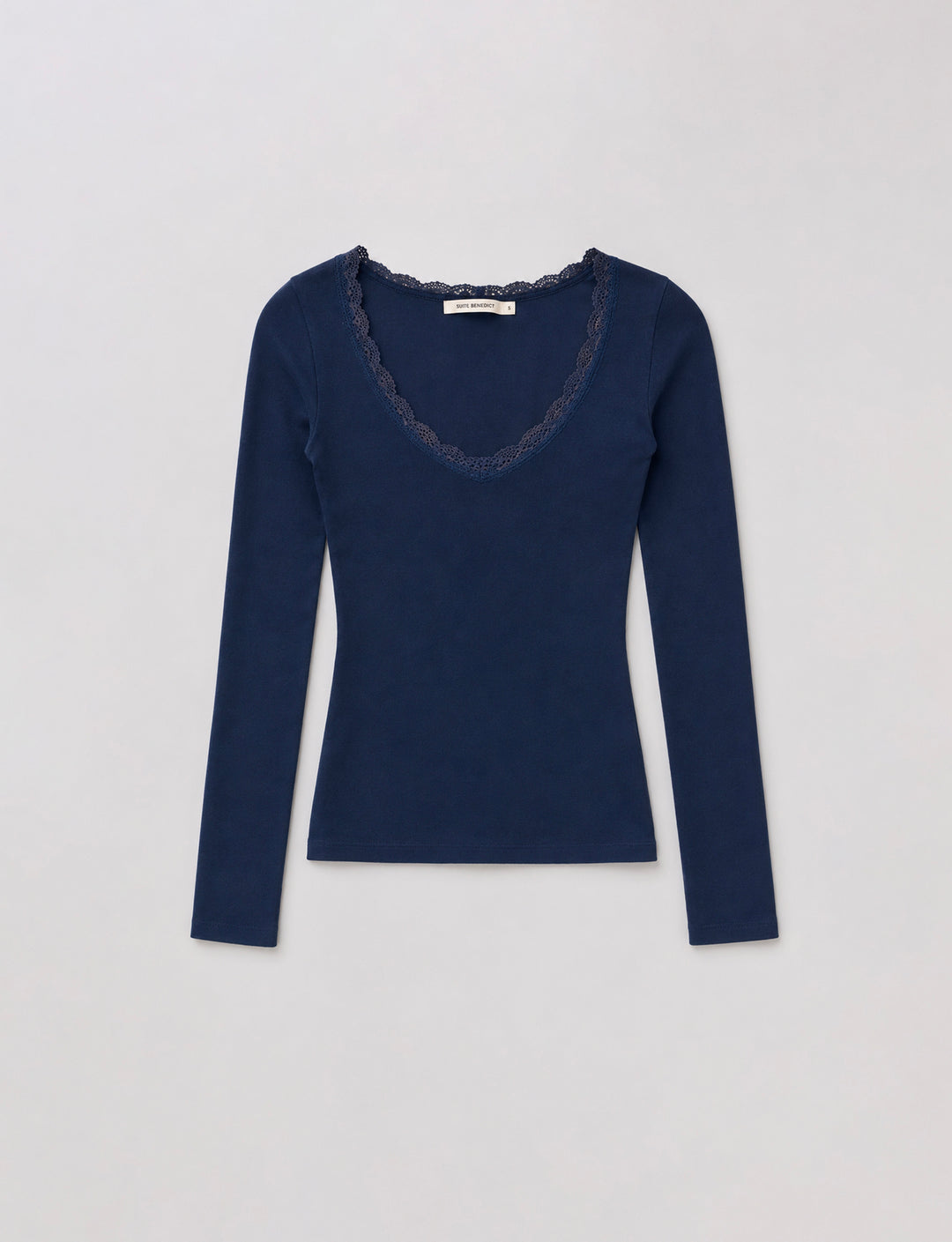 T-shirt blu navy a manica lunga con scollo in pizzo still life