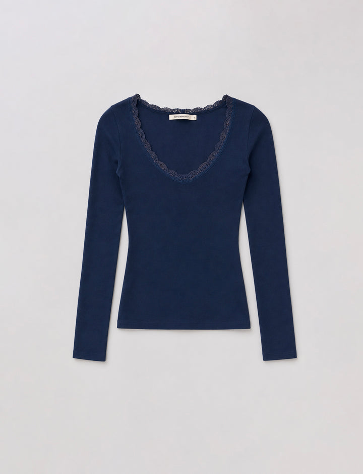 T-shirt blu navy a manica lunga con scollo in pizzo still life