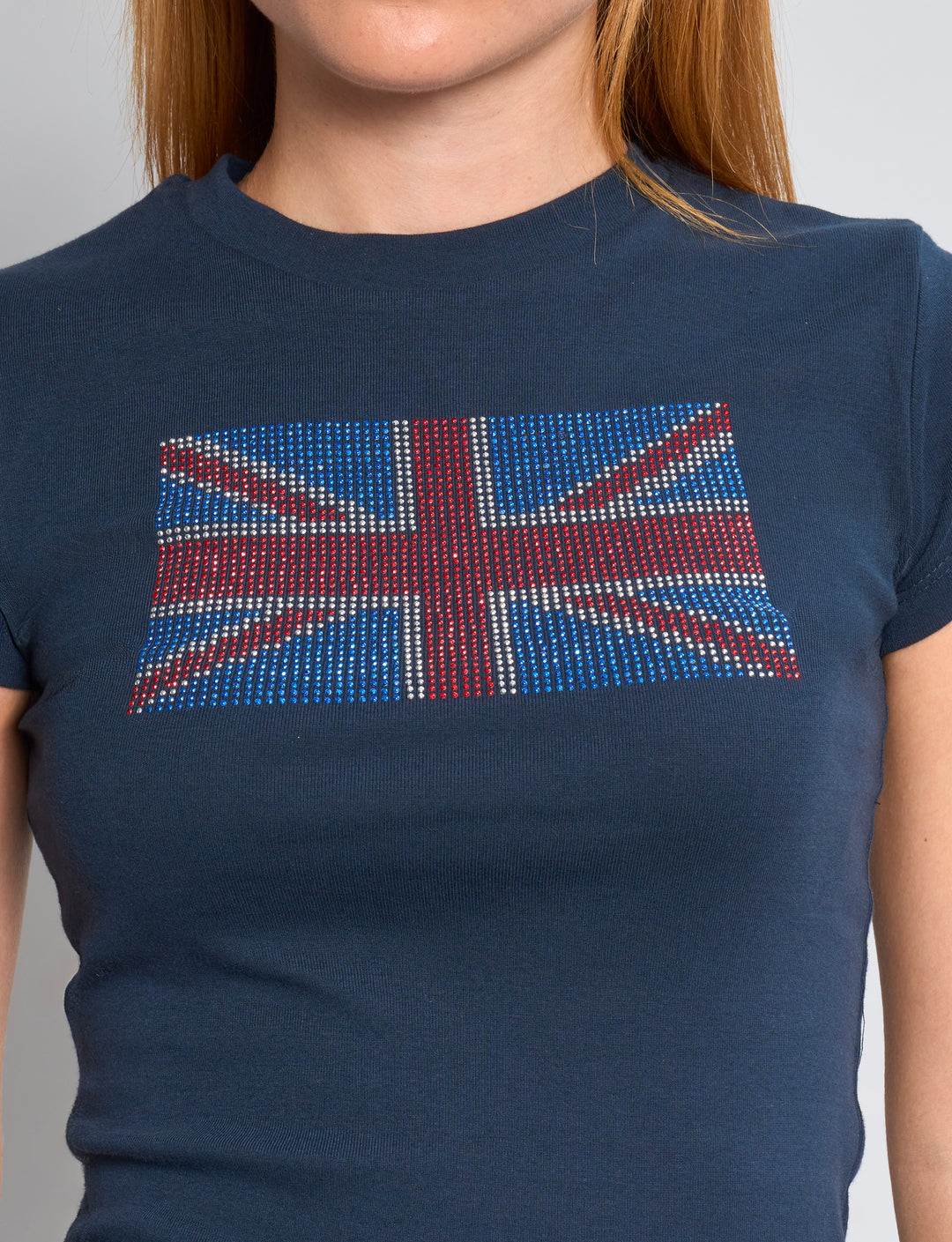 T-shirt blu navy con bandiera UK in strass dettaglio