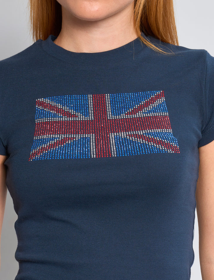 T-shirt blu navy con bandiera UK in strass dettaglio