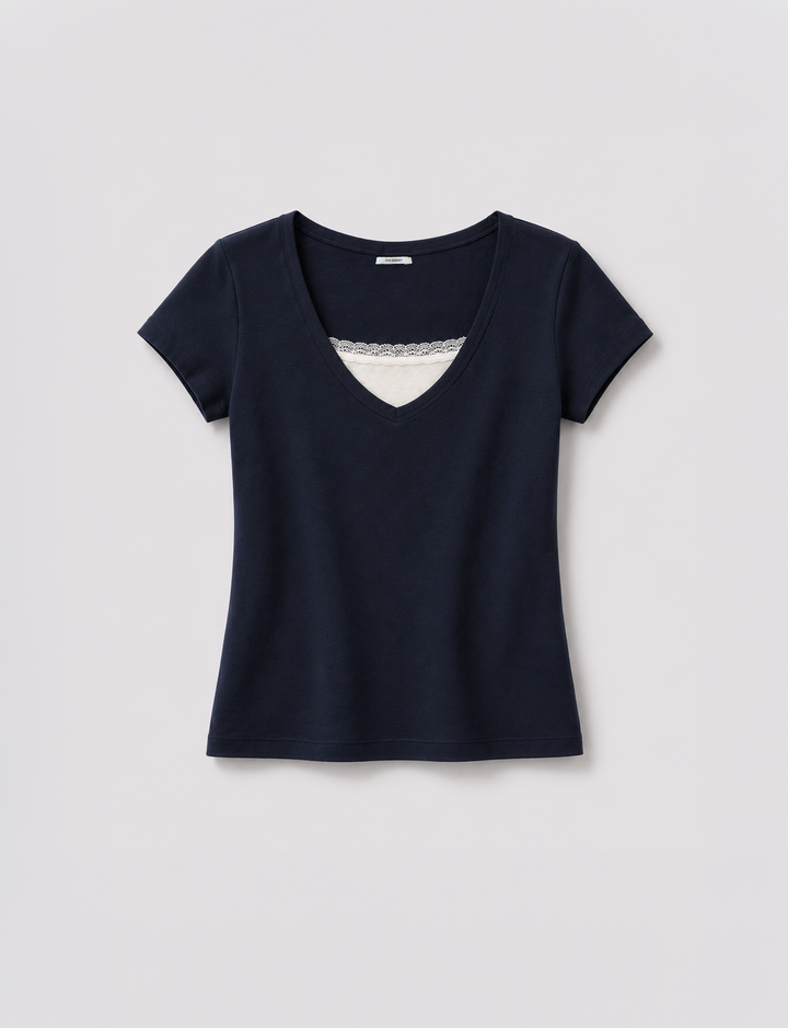 T-shirt blu navy doppio strato con pizzo still life