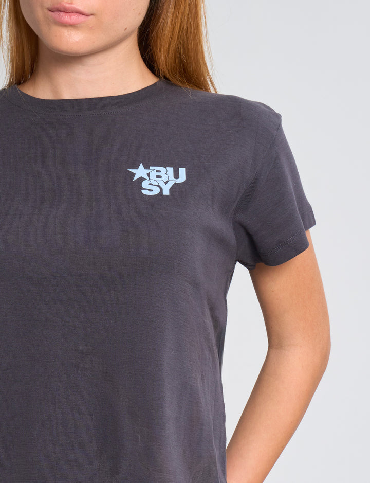 T-shirt blu notte boxy con stampa azzurra "Busy" dettaglio