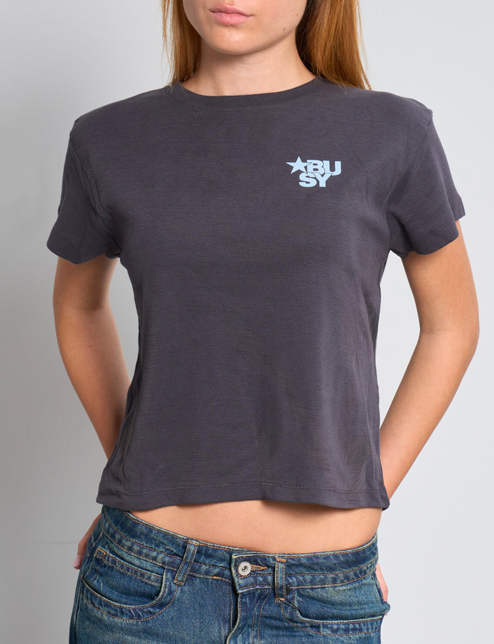 T-shirt blu notte boxy con stampa azzurra "Busy" fronte