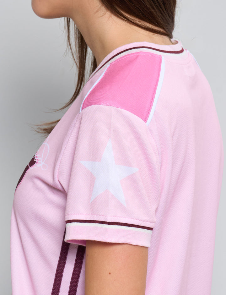 T-shirt da calcio rosa con numero 27 e scollo a V dettaglio