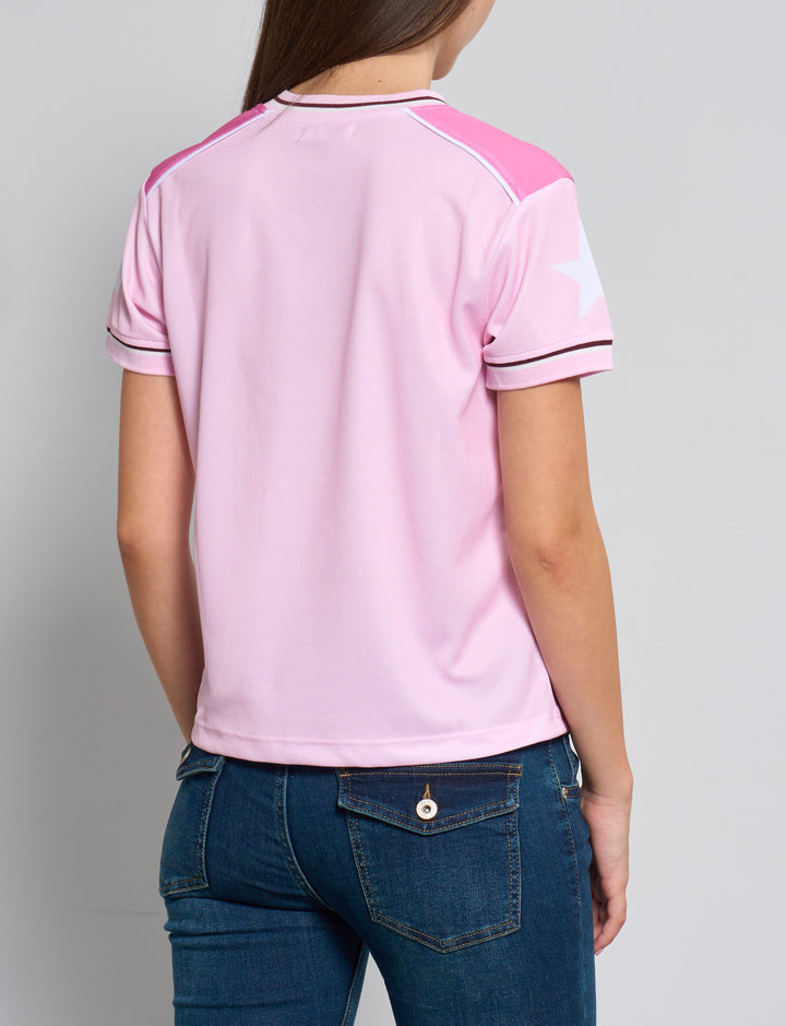 T-shirt da calcio rosa con numero 27 e scollo a V retro