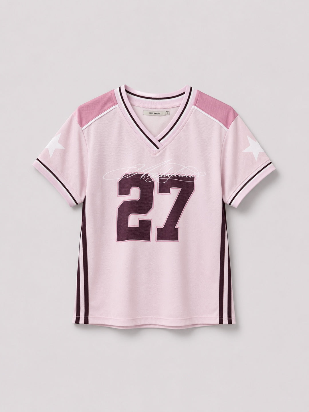 T-shirt da calcio rosa con numero 27 e scollo a V still life