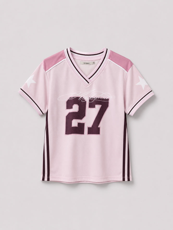 T-shirt da calcio rosa con numero 27 e scollo a V still life